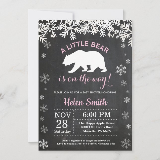 Polar Bear Winter Girl Baby Shower Chalkboard Inbjudningar (Framsida)