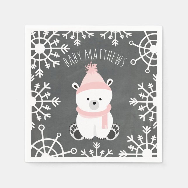 Polar Bear Winter Girl Baby Shower Napkins Pappersservett (Framsidan)