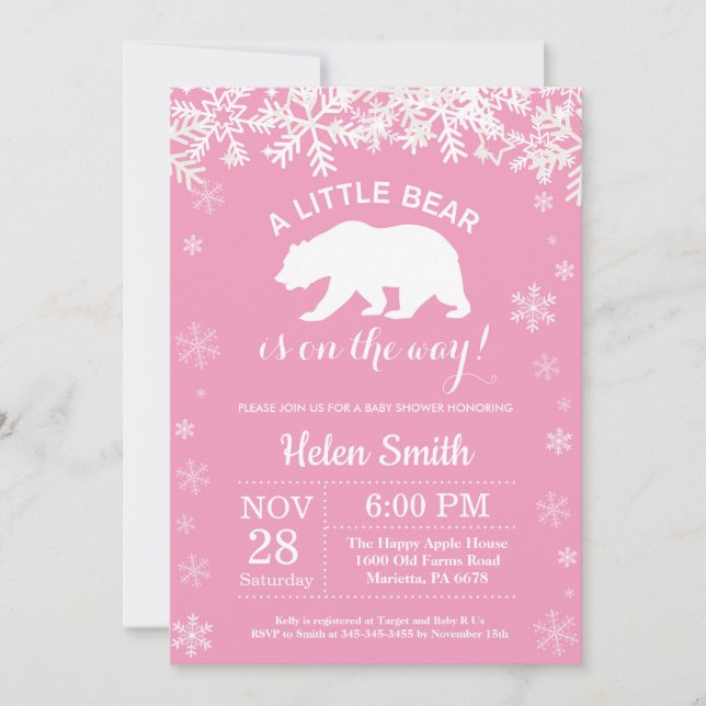 Polar Bear Winter Girl Baby Shower Snowflake Inbjudningar (Framsida)