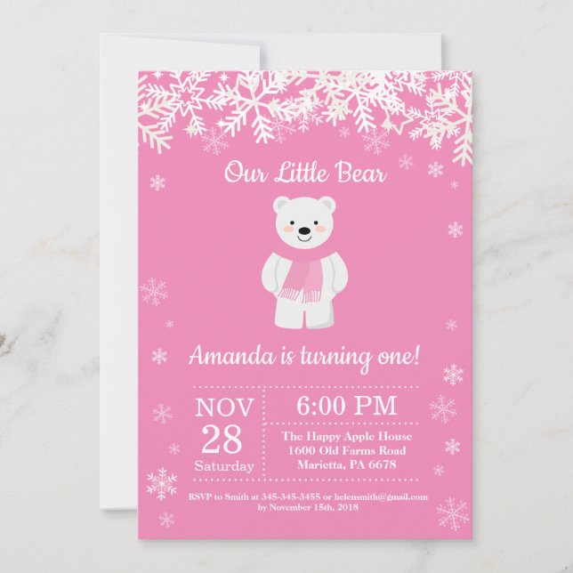 Polar Bear Winter Girl Birthday-inbjudan Inbjudningar (Framsida)