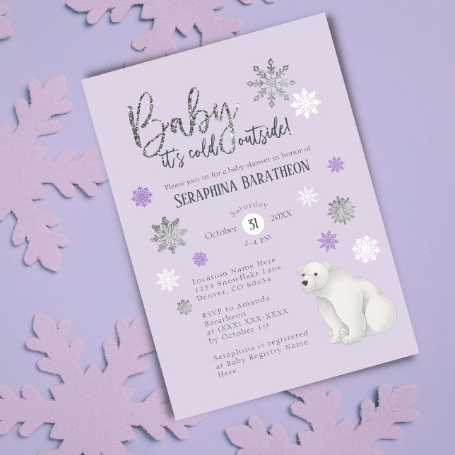 Polar Bear Winter Lila Snowflake Baby Shower Inbjudningar (Skapare uppladdad)