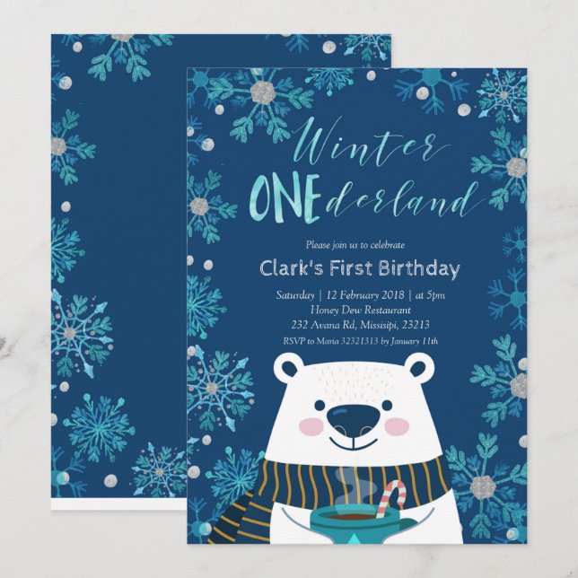 Polar Bear Winter Onederland Birthday Call Inbjudningar (Fram/baksida)