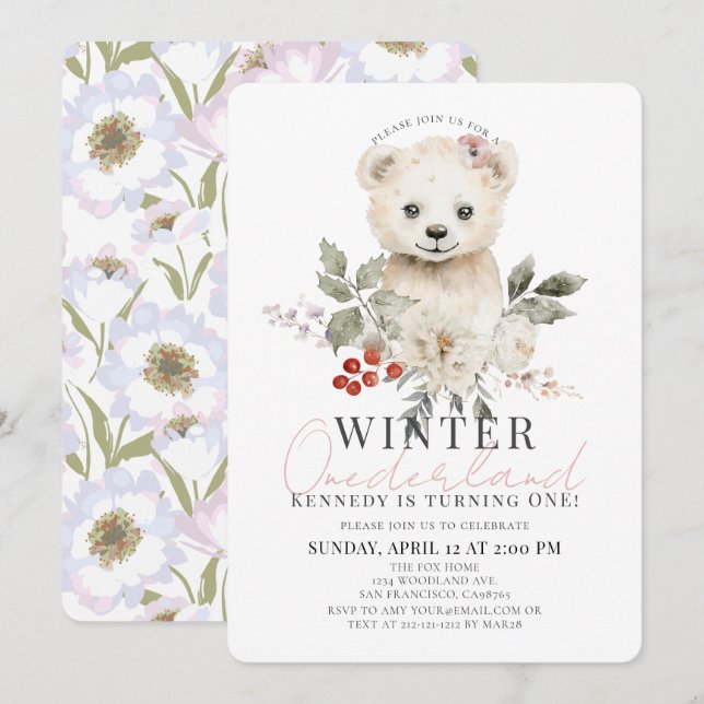 Polar Bear Winter Onederland Girl 1 Birthday Inbjudningar (Fram/baksida)
