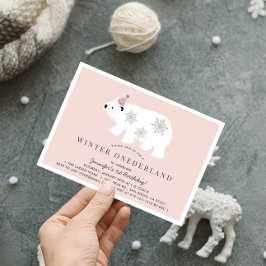 Polar Bear Winter Onederland Rosa 1:a födelsedag Inbjudningar