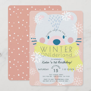 Polar Bear Winter Onederland Rosa 1:a födelsedag Inbjudningar