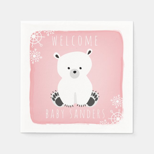 Polar Bear Winter Rosa Girl Baby Shower Pappersservett (Framsidan)