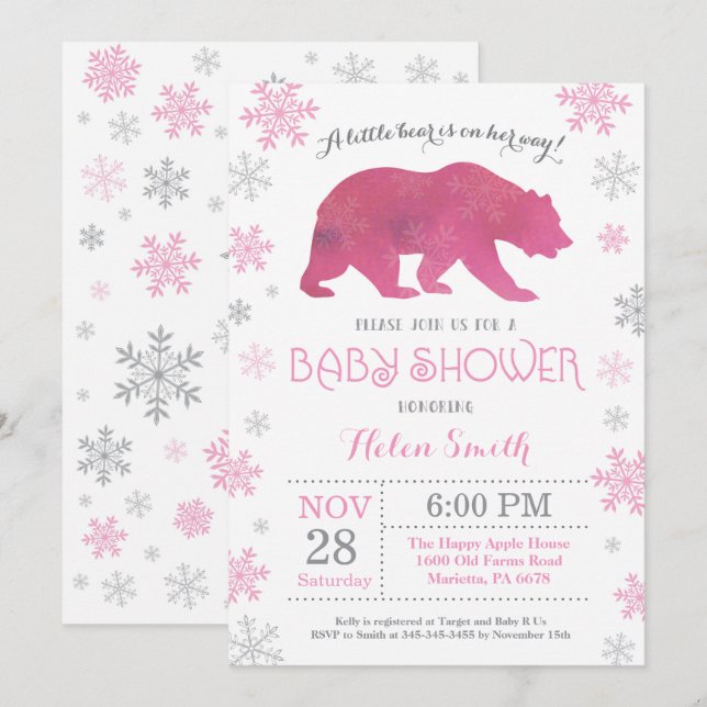 Polar Bear Winter Rosa Girl Baby Shower Snowflake Inbjudningar (Fram/baksida)
