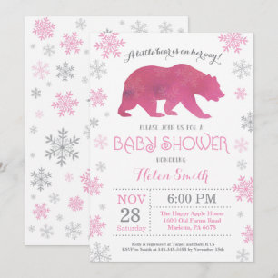 Polar Bear Winter Rosa Girl Baby Shower Snowflake Inbjudningar