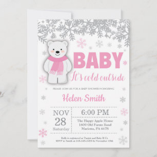 Polar Bear Winter Rosa Girl Baby Shower Snowflake Inbjudningar