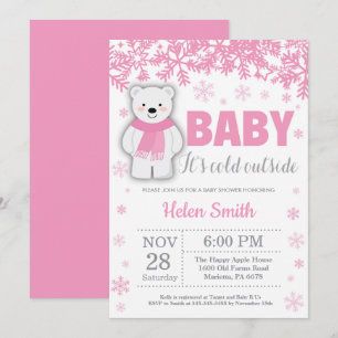 Polar Bear Winter Rosa Girl Baby Shower Snowflake Inbjudningar