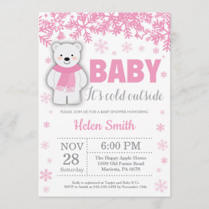 Polar Bear Winter Rosa Girl Baby Shower Snowflake Inbjudningar