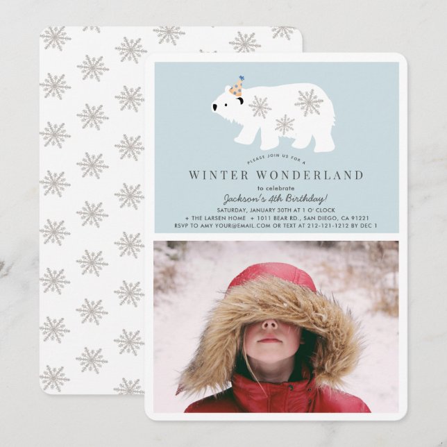 Polar Bear Winter Wonderland Photo Blue Birthday Inbjudningar (Fram/baksida)