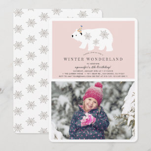 Polar Bear Winter Wonderland Photo Rosa Birthday Inbjudningar