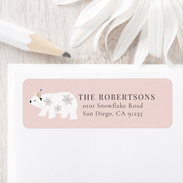 Polar Bear Winter Wonderland Rosa Label Returadress Etikett (Insitu)