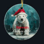 Polar Bear with Santa Cap Ornament<br><div class="desc">Anpassa den här Polarna Björnprydnad med valfritt namn- och julår</div>