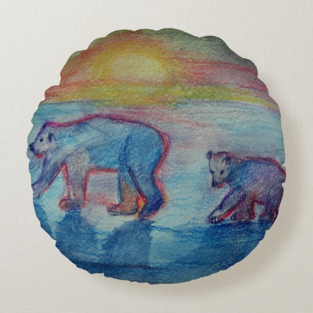 Polar Bears Brusted Polyester Round Discuscushion Rund Kudde (Framsidan)