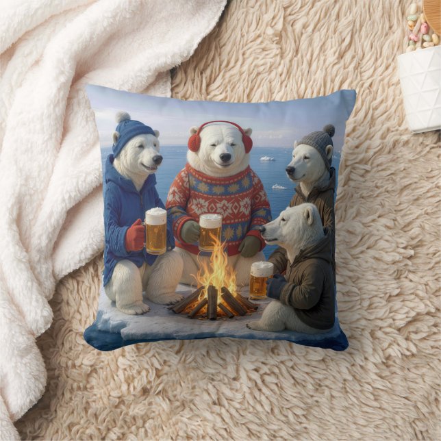 Polar Bears Drinking Beer Around a Campfire  Kudde (Filt)
