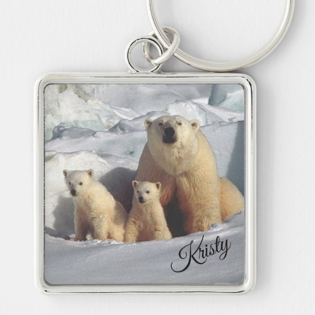 Polar Bears Fyrkantig Silverfärgad Nyckelring (Framsidan)