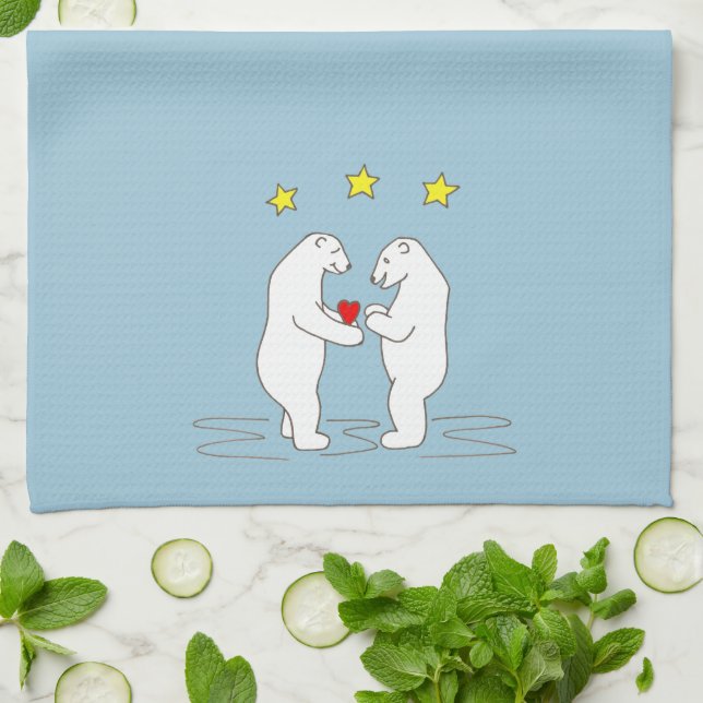 Polar Bears ge Heart - och Gult Stars Kökshandduk (Vikta)