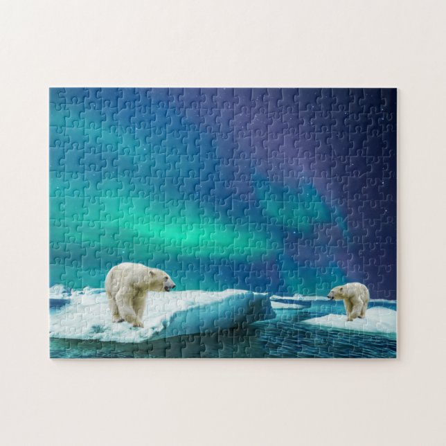 Polar Bears och Aurora Borealis Jigszle Puzzle Pussel (Horisontell)