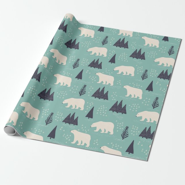 Polar Bears och Evergreen Träd Winter Patterned Presentpapper (Utrullad)