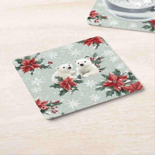 Polar Bears och Snöflingor God jul Underlägg Papper Kvadrat (Vinklad)