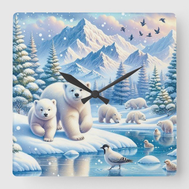 Polar Bears och Snowy Winter Scene Painting Fyrkantig Klocka (Framsida)