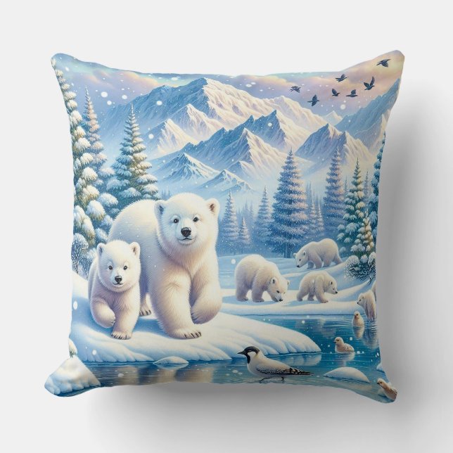 Polar Bears och Snowy Winter Scene Painting Kudde (Framsida)