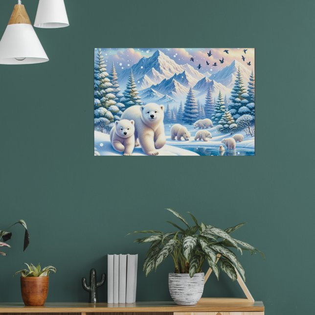 Polar Bears och Snowy Winter Scene Painting Poster (Vardagsrum 1)