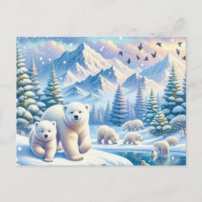 Polar Bears och Snowy Winter Scene Painting Vykort (Framsida)