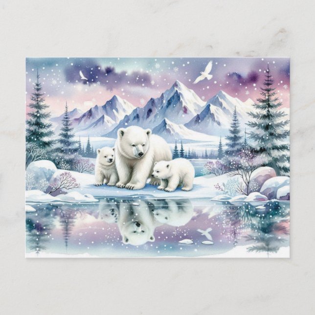 Polar Bears och Snowy Winter Scene Painting Vykort (Framsida)