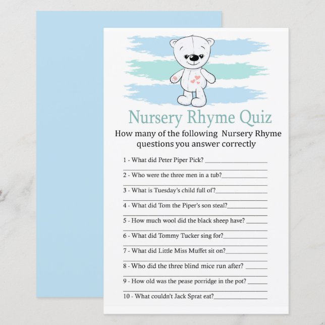 Polar björn Nursery Rhyme Quiz babyduschspel (Fram/baksida)