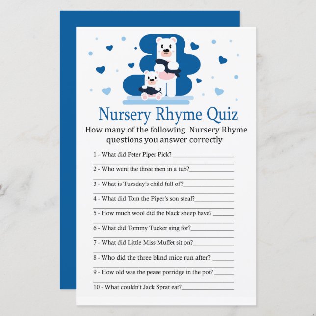 Polar björn Nursery Rhyme Quiz babyduschspel (Fram/baksida)