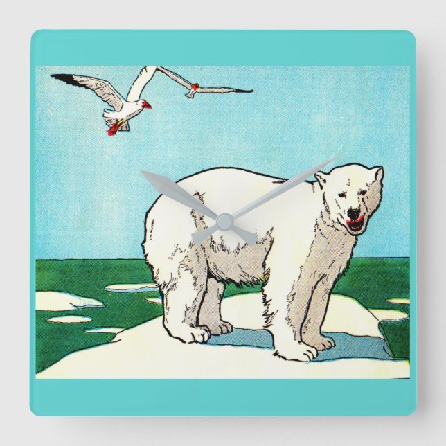 polar björn och fiskmåsar fyrkantig klocka (Framsida)