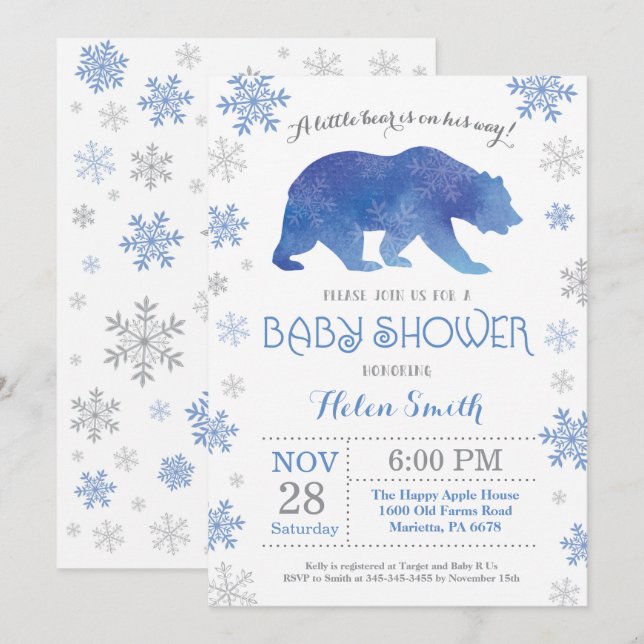 Polar Björn Vinter Blå Pojke Baby Shower Snöflinga Inbjudningar (Fram/baksida)