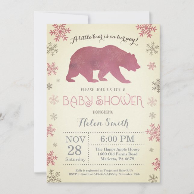 Polar Björn Vinter Rosa Flicka Bebis Shower Snöfli Inbjudningar (Framsida)