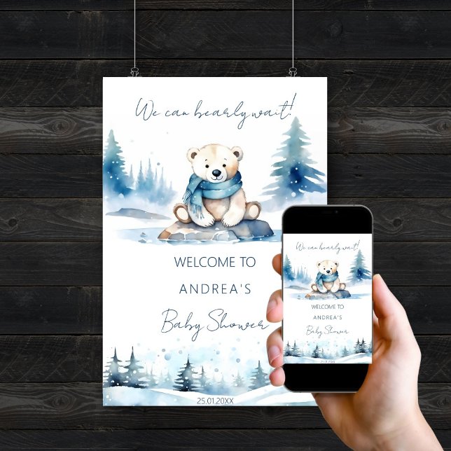 Polar björn Vintern - väntetid för babydusch välko Poster (Polar bear winter bearly wait baby shower editable template welcome poster digital download cute)