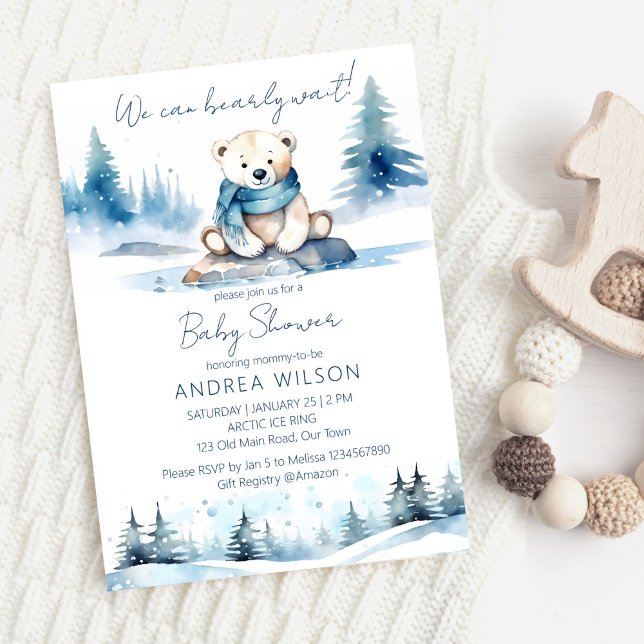 Polar björn vintertid - väntedusch inbjudningar (Polar bear winter bearly wait baby shower editable template invitation digital download cute teddy)