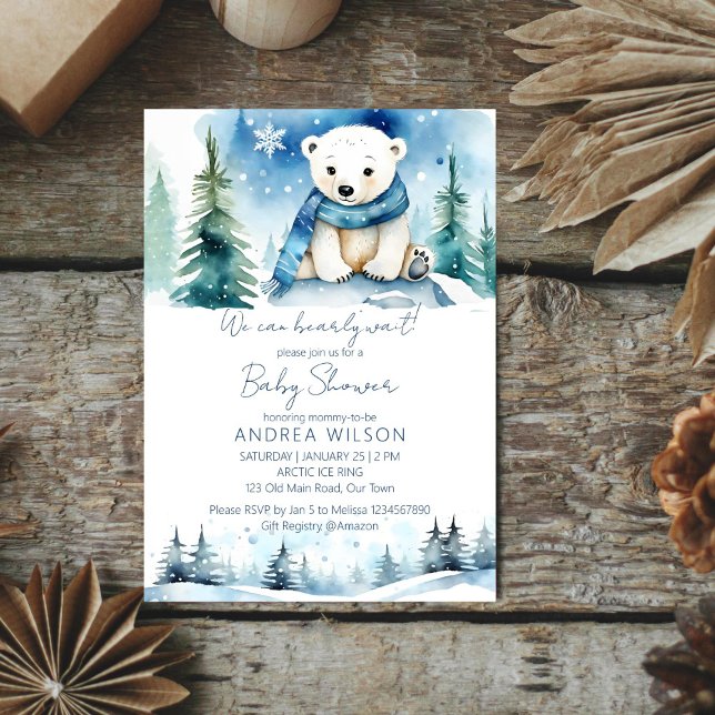 Polar björn vintertid - väntedusch inbjudningar (Polar bear winter bearly wait baby shower editable template  invitation digital download cute pines)