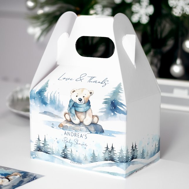 Polar björn vintertid - väntedusch presentaskar (Polar bear winter bearly wait baby shower favor box cute teddy bear with a scarf blue pines baby boy)