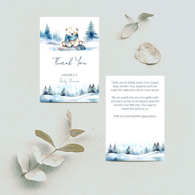 Polar björn vintertid - väntedusch tack kort (Polar bear winter bearly wait baby shower thank you card cute polar bear with scarf snow thank you)