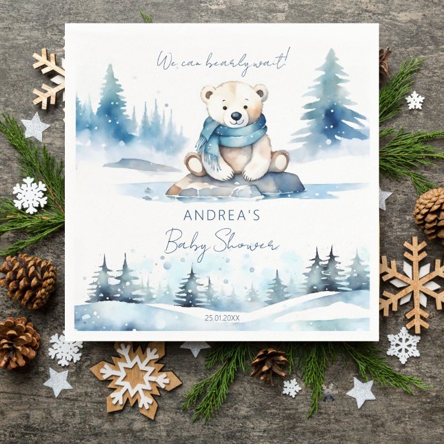 Polar björn vintertid, vänteskur för barn pappersservett (Polar bear winter bearly wait baby shower tableware personalized template napkins cute white teddy)