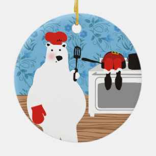 Polar björnkock som kokar jultomtens prydnadsförem julgransprydnad keramik