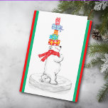 Polar med julklapp helgkort<br><div class="desc">Det här hälsningskortet i säsong har en trevlig vintage bild av en mycket stolt polar som bär på en röd halsduk och bär ett antal skarpt inslagna julklappar på huvudet. Bilden placeras på en vintervit bakgrund och ramas in i en ljus grönt och röd helgdag. Cute och unikt! Insidan av...</div>