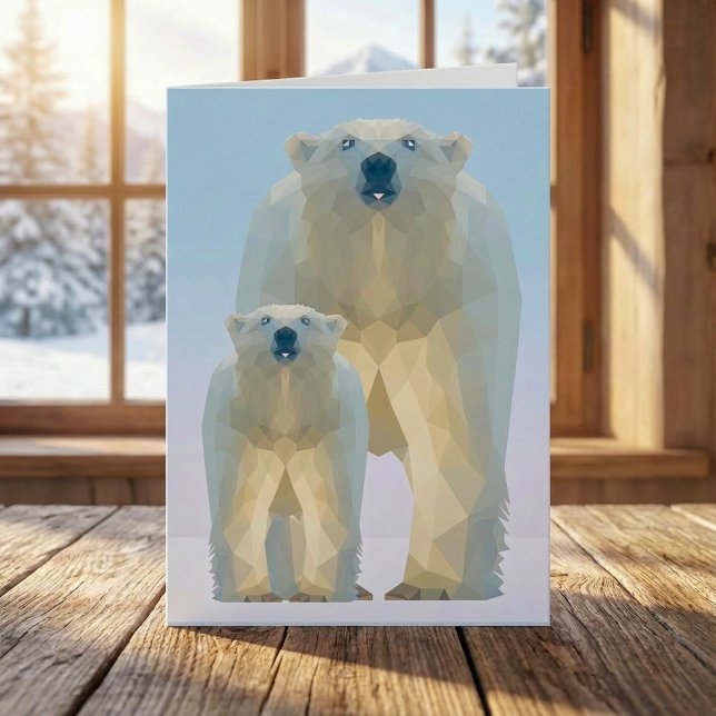 Polar med låg kugghjul med baby helgkort (Cute low poly Polar bear with baby Holiday Card)