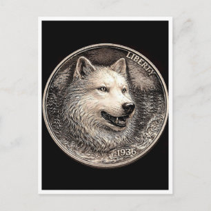 Polär varg. Hobo nickel mynt. Brevkort Vykort