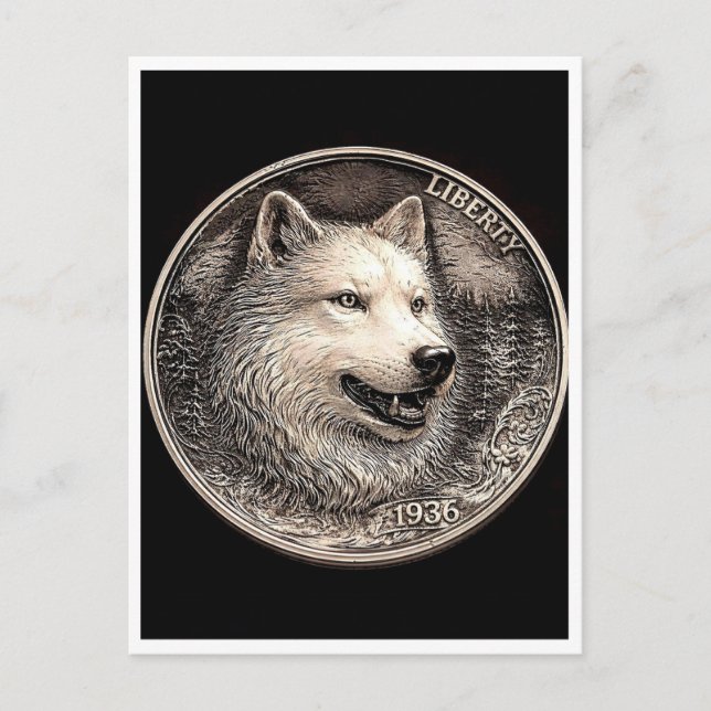 Polär varg. Hobo nickel mynt. Brevkort Vykort (Framsida)