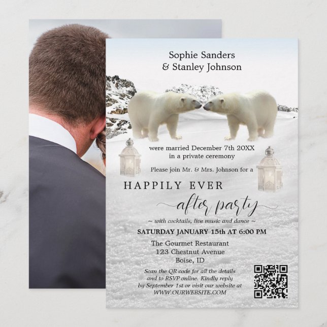 Polarbear QR-kod Foto Efter Bröllopsinbjudan Inbjudningar (Fram/baksida)