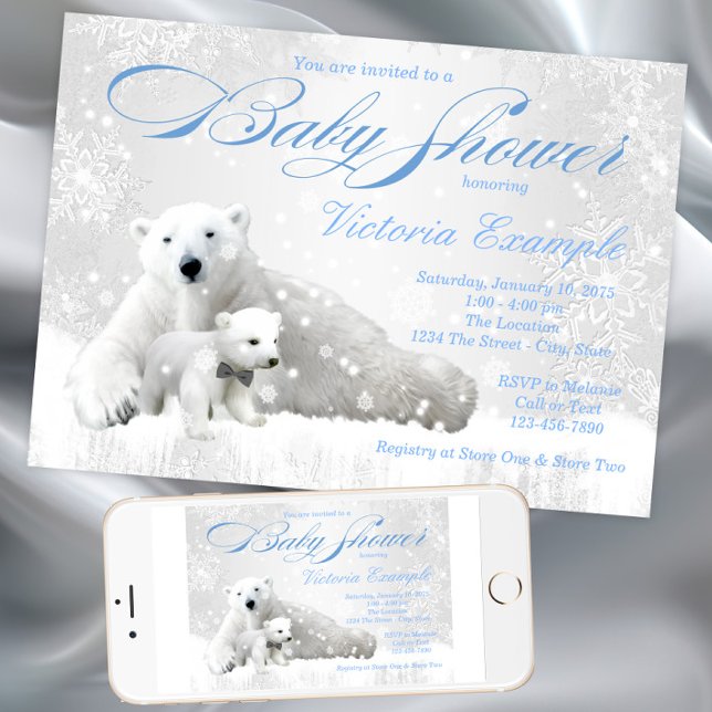 Polarbjörn Vinter Bebis Shower Inbjudan (Cute Polar Bear Winter Baby Shower Invitation. Instant download and print invitations available.)