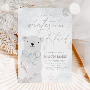 Polarna Bear Birthday i Winter Onederland Silver Inbjudningar